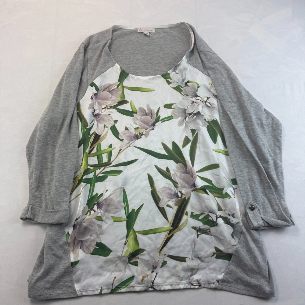 Christopher Banks Blouse Women 2X Gray White Floral Scoop Neck Long Sleeve Top